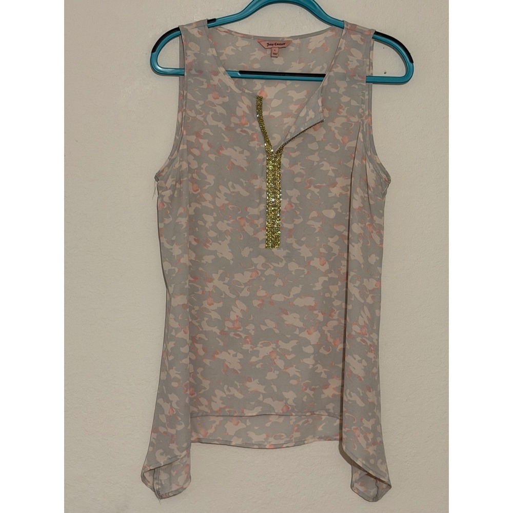 Juicy Couture Sleeveless Blouse Pink Grey Camo Rhinestone Split Neck Top Large